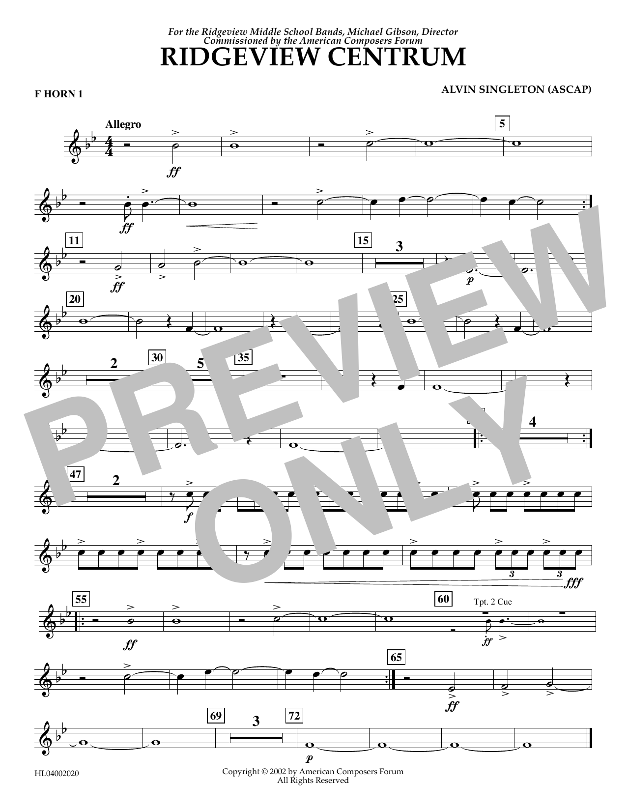 Download Alvin Singleton Ridgeview Centrum - F Horn 1 Sheet Music and learn how to play Concert Band PDF digital score in minutes