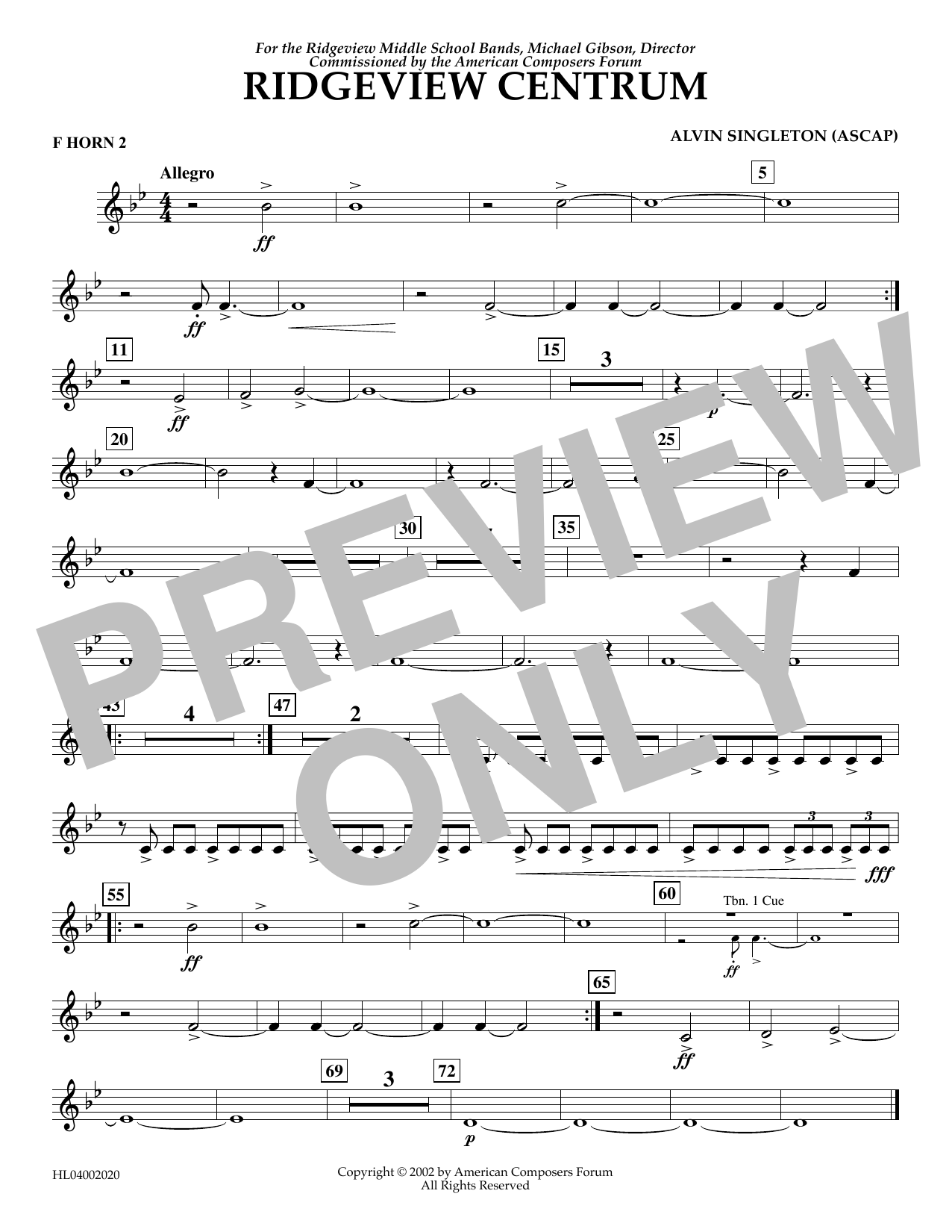 Download Alvin Singleton Ridgeview Centrum - F Horn 2 Sheet Music and learn how to play Concert Band PDF digital score in minutes
