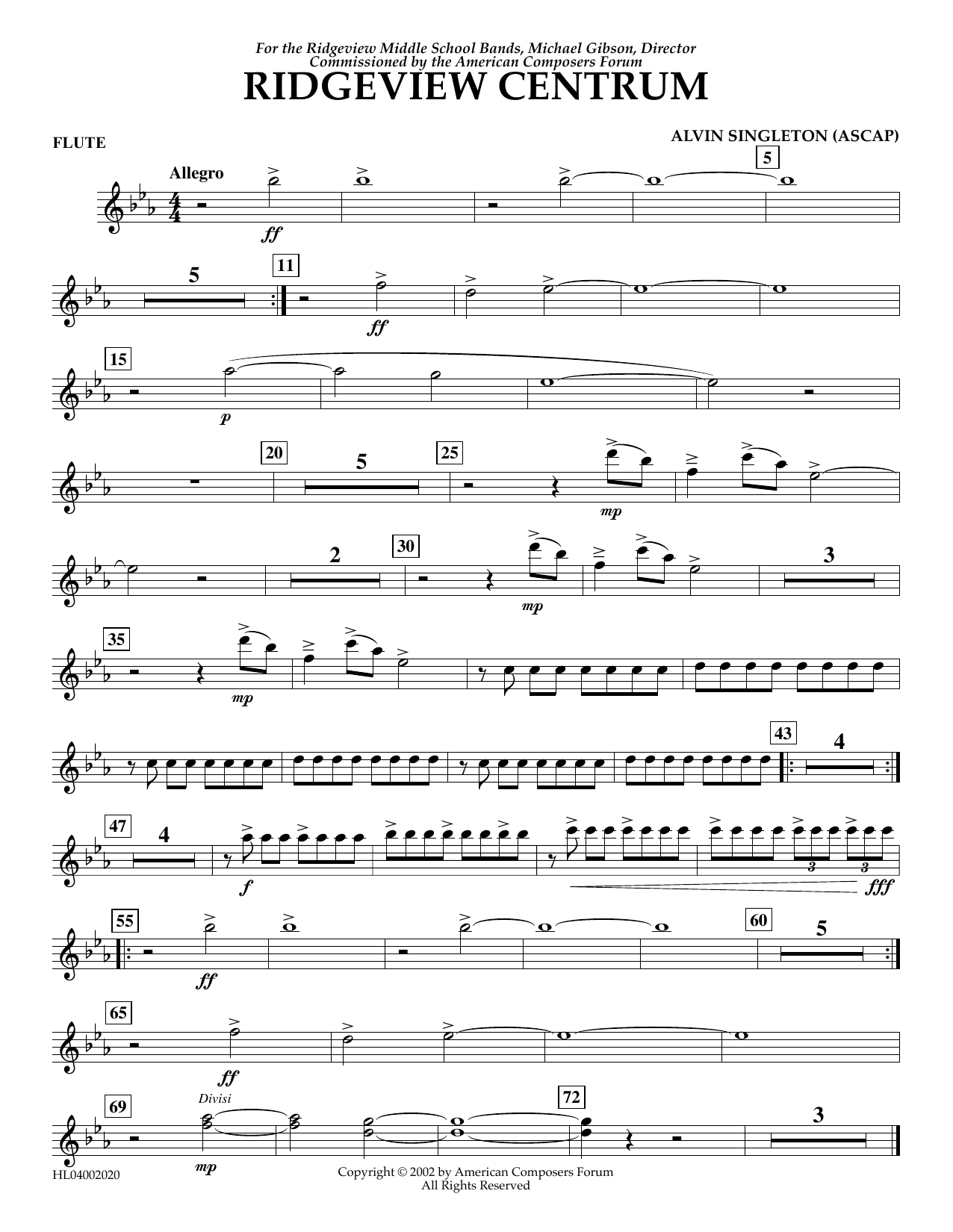 Download Alvin Singleton Ridgeview Centrum - Flute Sheet Music and learn how to play Concert Band PDF digital score in minutes