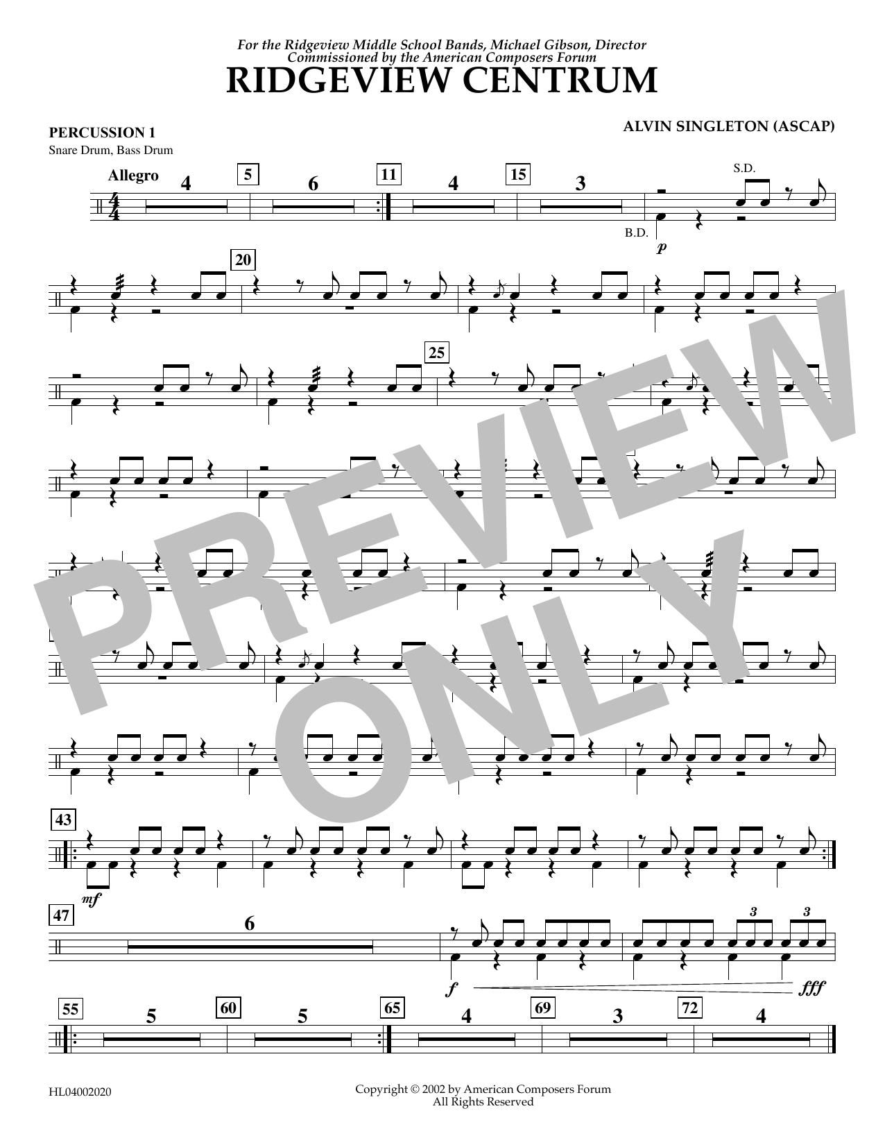 Download Alvin Singleton Ridgeview Centrum - Percussion 1 Sheet Music and learn how to play Concert Band PDF digital score in minutes