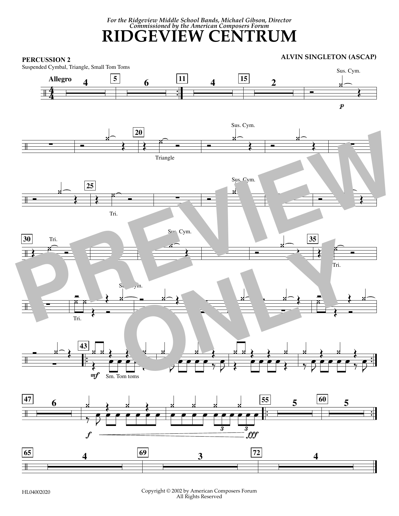 Download Alvin Singleton Ridgeview Centrum - Percussion 2 Sheet Music and learn how to play Concert Band PDF digital score in minutes