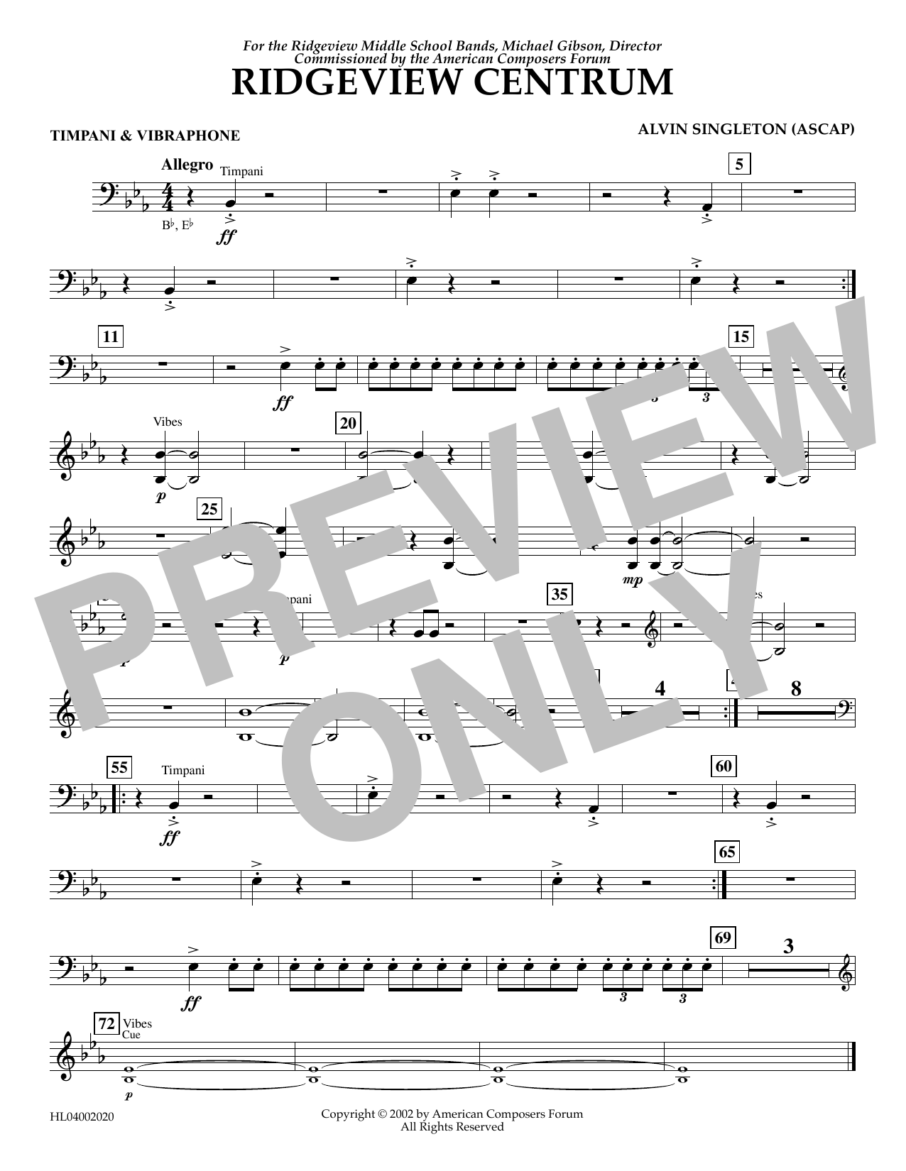 Download Alvin Singleton Ridgeview Centrum - Timpani, Vibraphone Sheet Music and learn how to play Concert Band PDF digital score in minutes