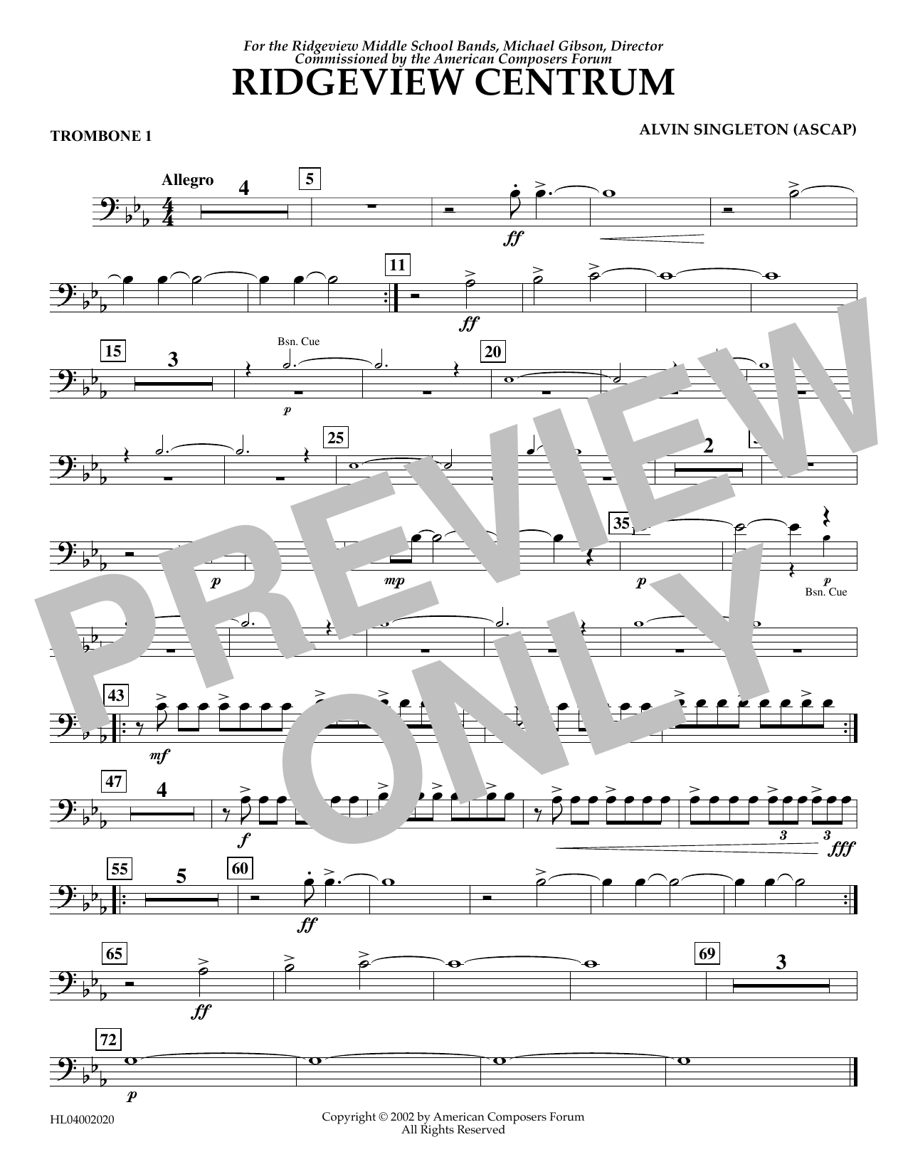 Download Alvin Singleton Ridgeview Centrum - Trombone 1 Sheet Music and learn how to play Concert Band PDF digital score in minutes
