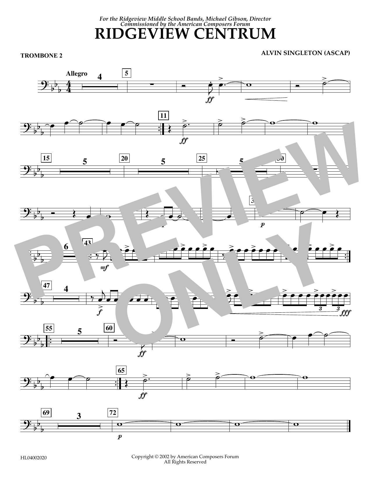 Download Alvin Singleton Ridgeview Centrum - Trombone 2 Sheet Music and learn how to play Concert Band PDF digital score in minutes
