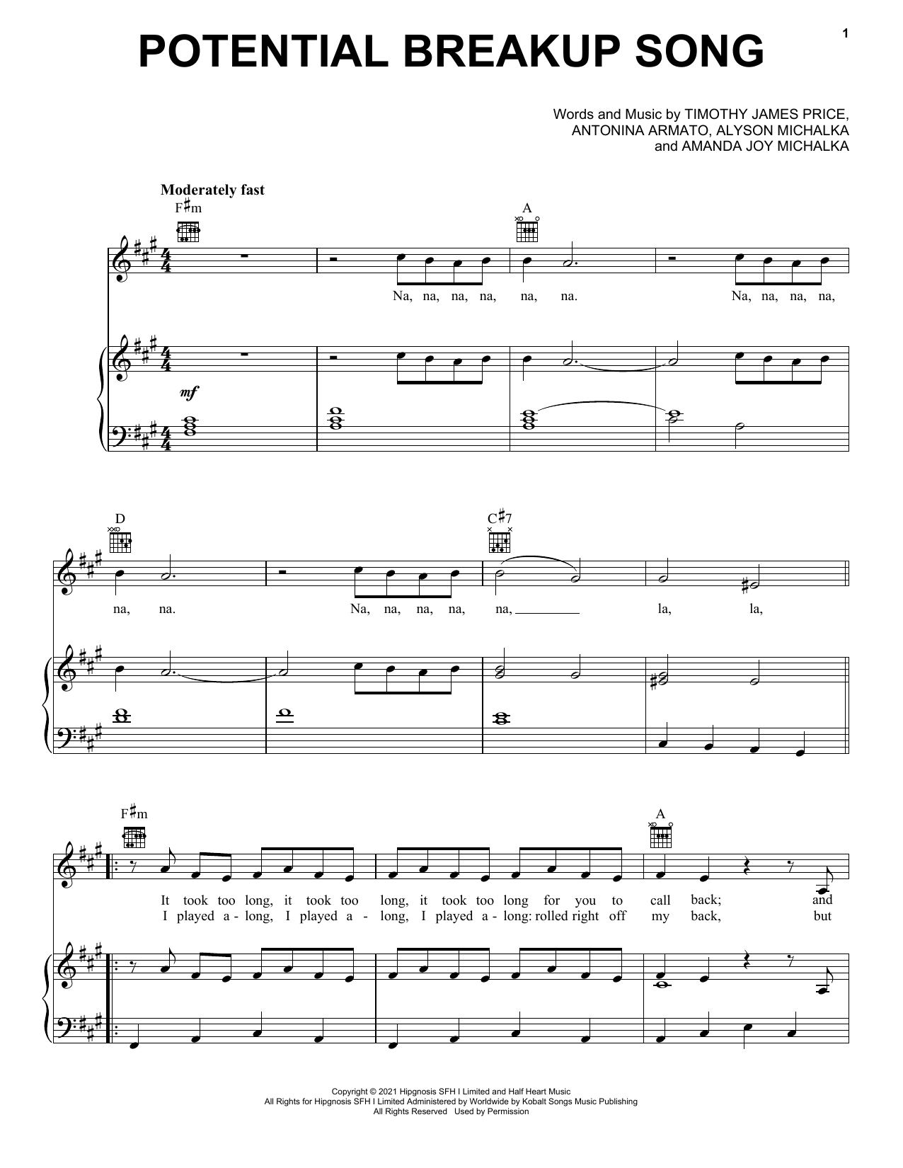 Download Aly & AJ Potential Breakup Song Sheet Music and learn how to play Piano, Vocal & Guitar Chords (Right-Hand Melody) PDF digital score in minutes