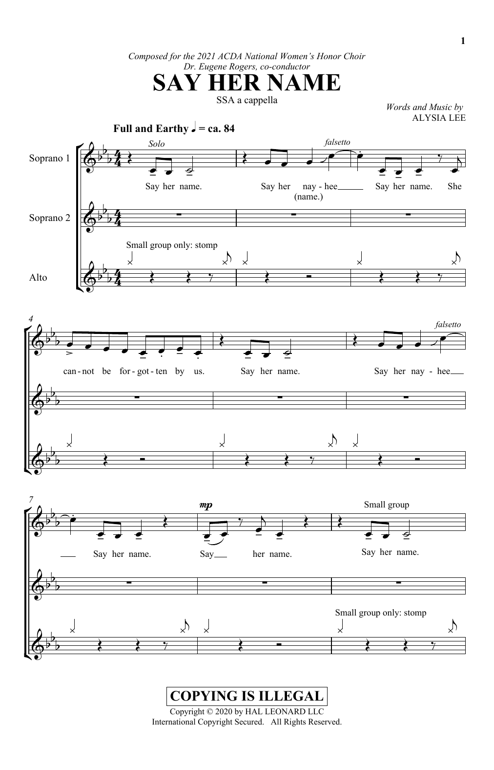 Download Alysia Lee Say Her Name Sheet Music and learn how to play SATB Choir PDF digital score in minutes