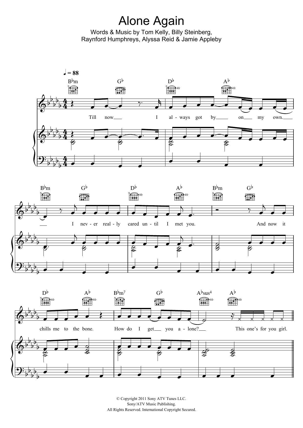 Download Alyssa Reid Alone Again Sheet Music and learn how to play Piano, Vocal & Guitar (Right-Hand Melody) PDF digital score in minutes