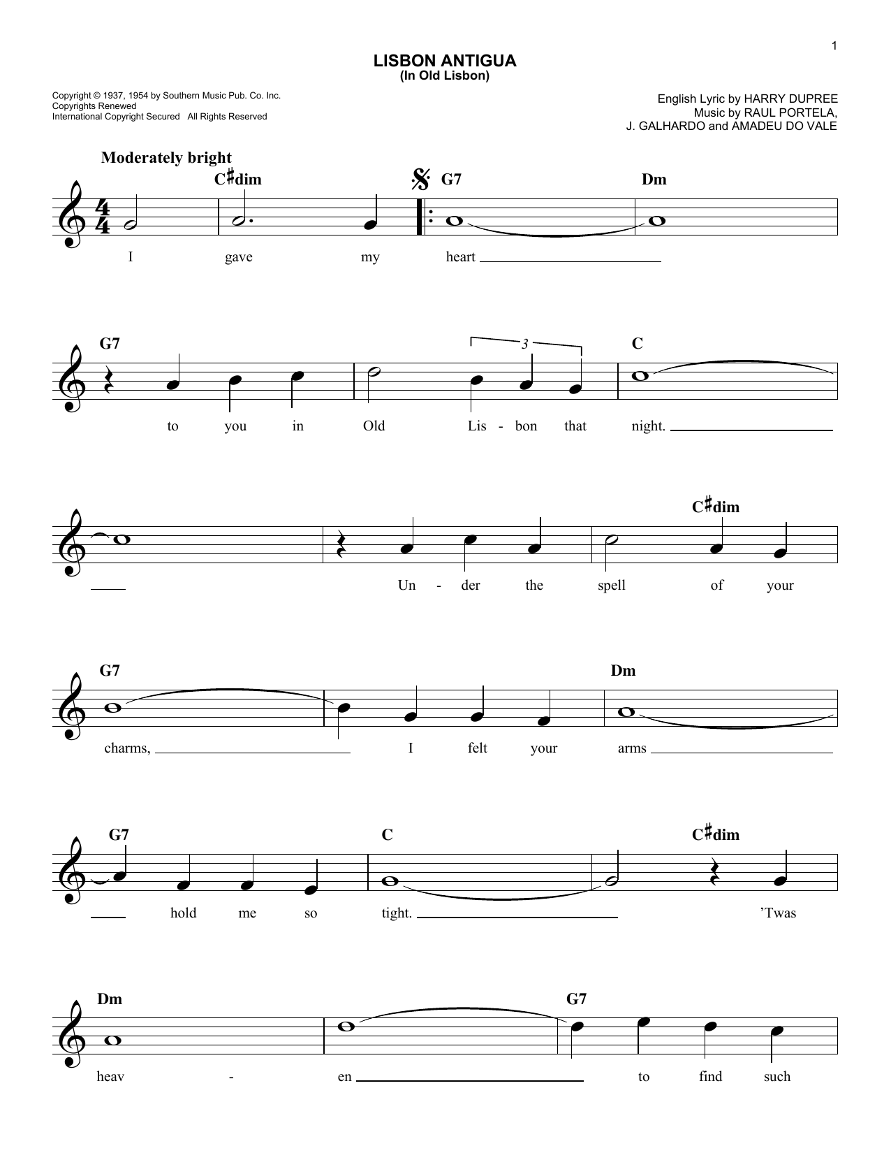 Download Amadeu Do Vale Lisbon Antigua (In Old Lisbon) Sheet Music and learn how to play Melody Line, Lyrics & Chords PDF digital score in minutes