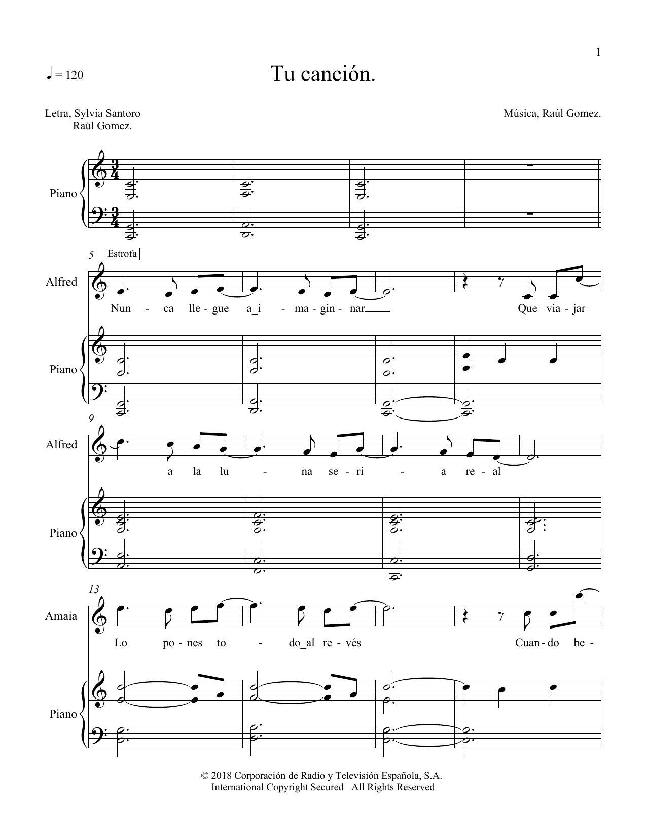 Download Amaia & Alfred Tu Canción Sheet Music and learn how to play Piano & Vocal PDF digital score in minutes