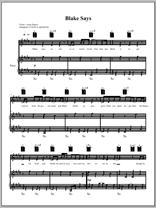 Download Amanda Palmer Blake Says Sheet Music and learn how to play Piano, Vocal & Guitar (Right-Hand Melody) PDF digital score in minutes