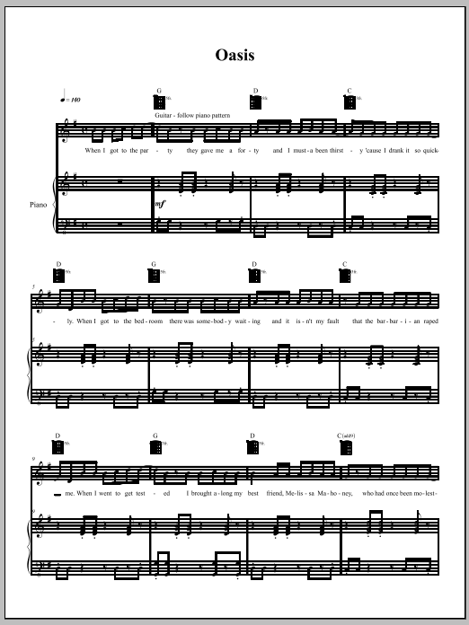 Download Amanda Palmer Oasis Sheet Music and learn how to play Piano, Vocal & Guitar (Right-Hand Melody) PDF digital score in minutes