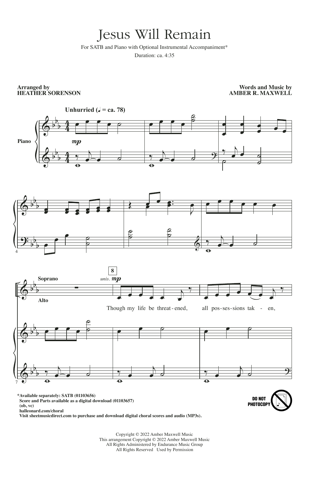 Download Amber R. Maxwell Jesus Will Remain (arr. Heather Sorenson) Sheet Music and learn how to play SATB Choir PDF digital score in minutes