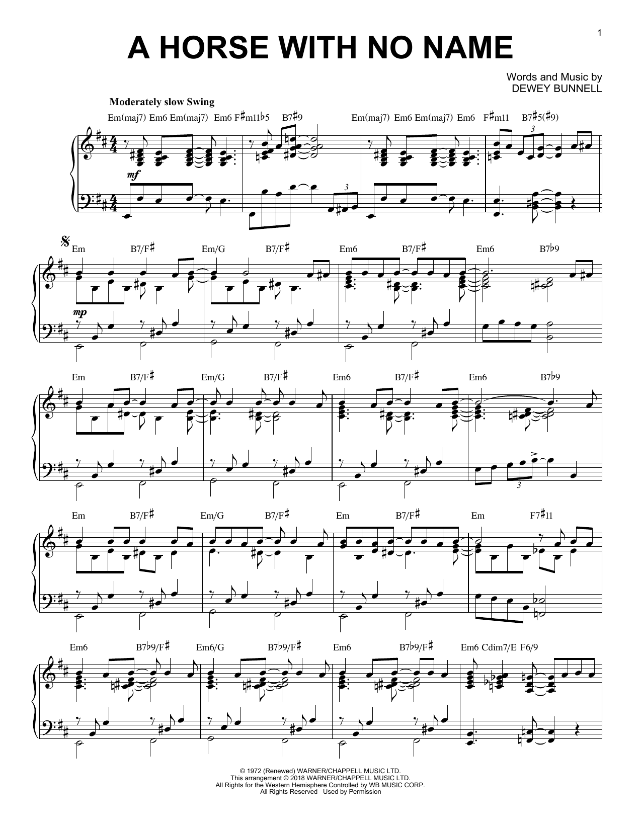 Download America A Horse With No Name [Jazz version] Sheet Music and learn how to play Piano Solo PDF digital score in minutes