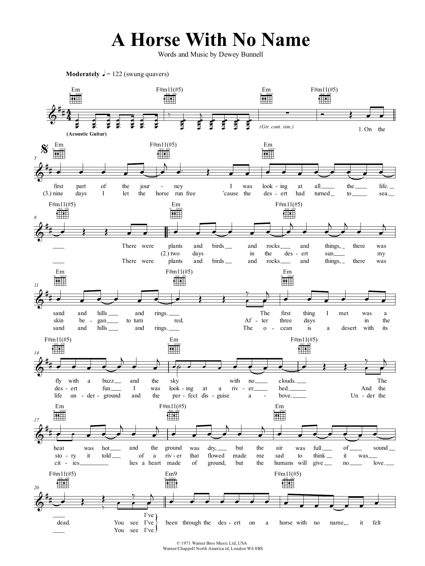Download America A Horse With No Name Sheet Music and learn how to play Piano & Vocal PDF digital score in minutes