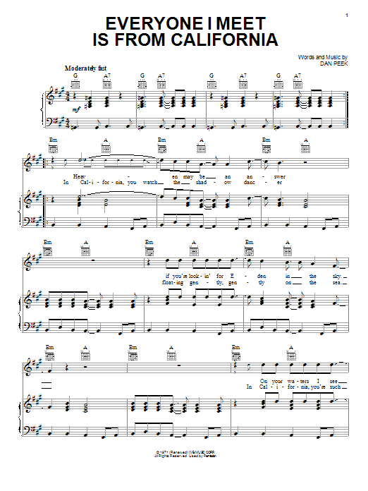 Download America Everyone I Meet Is From California Sheet Music and learn how to play Piano, Vocal & Guitar (Right-Hand Melody) PDF digital score in minutes