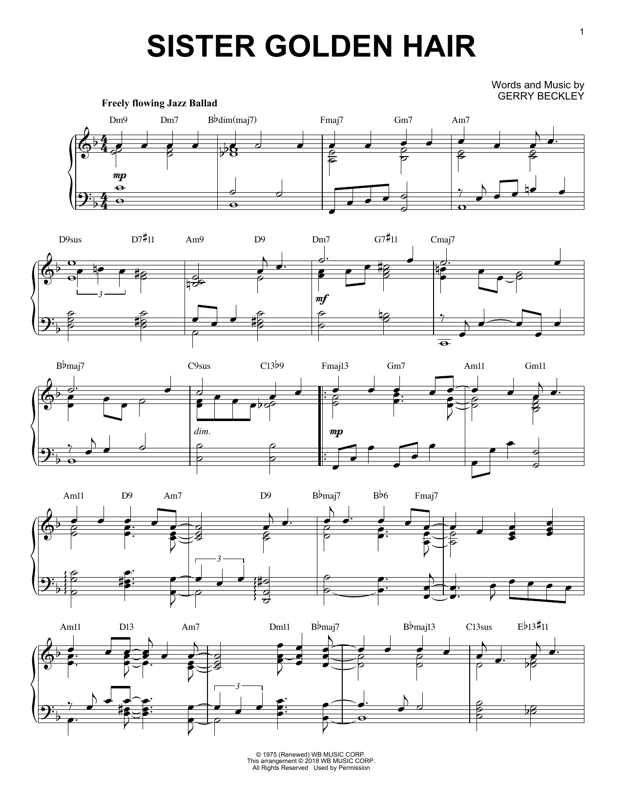 Download America Sister Golden Hair [Jazz version] Sheet Music and learn how to play Piano Solo PDF digital score in minutes