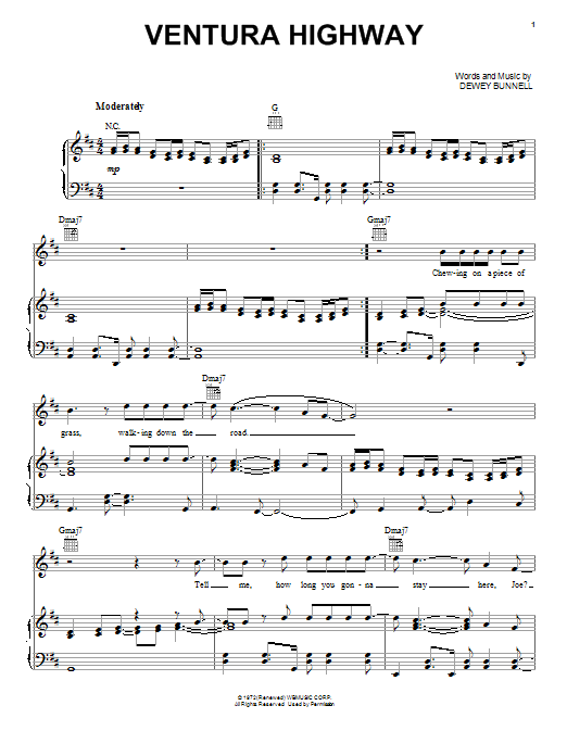 Download America Ventura Highway Sheet Music and learn how to play Real Book – Melody & Chords PDF digital score in minutes
