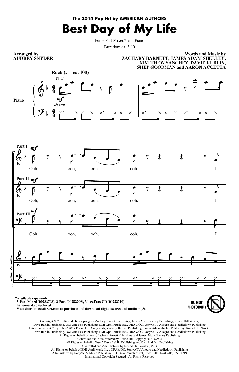 Download American Authors Best Day Of My Life (arr. Audrey Snyder) Sheet Music and learn how to play 2-Part Choir PDF digital score in minutes