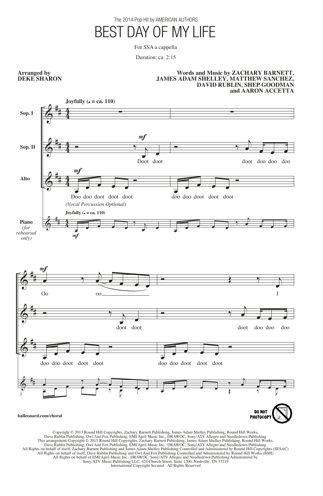 Download American Authors Best Day Of My Life (arr. Deke Sharon) Sheet Music and learn how to play SSA PDF digital score in minutes