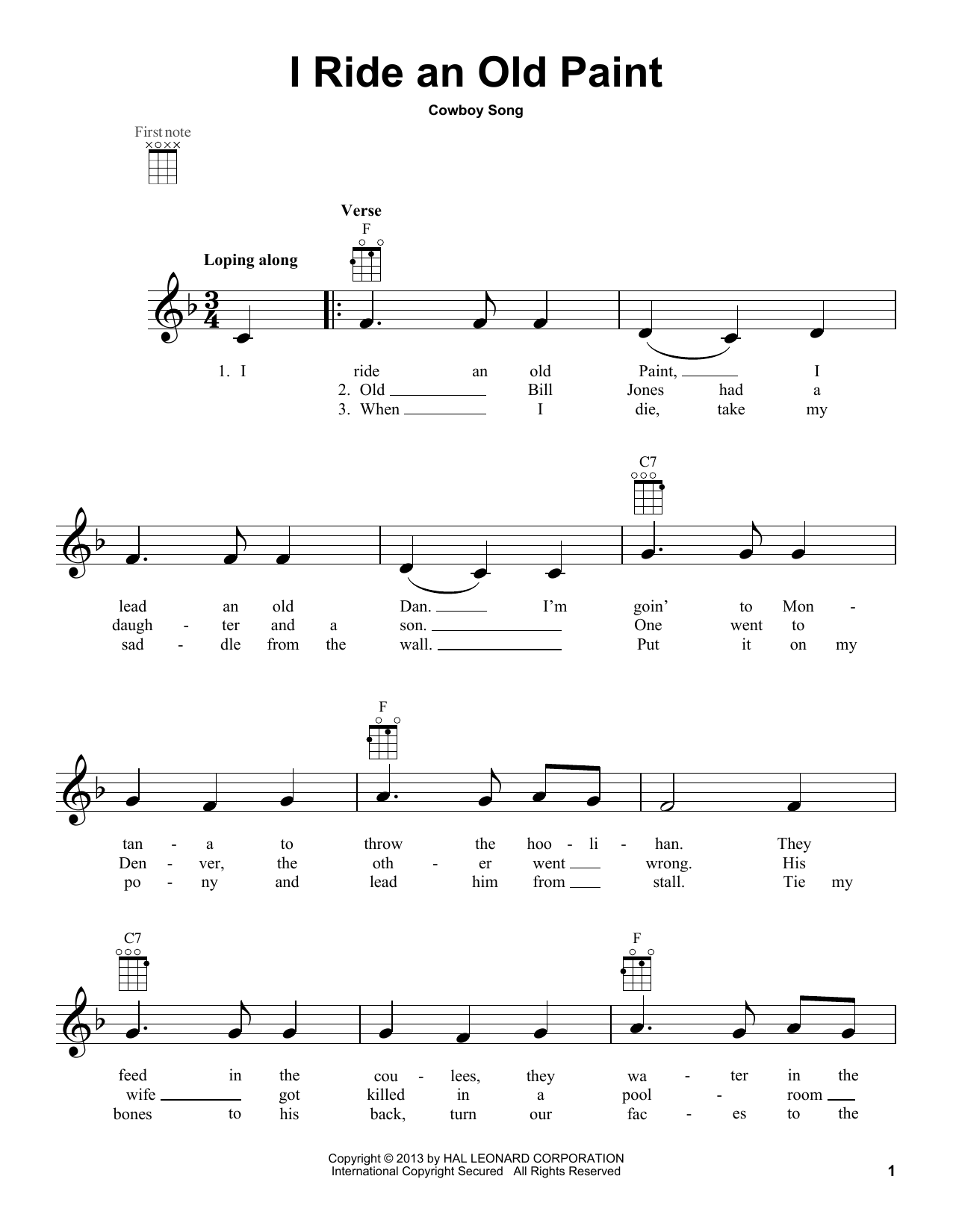 Download American Cowboy Song I Ride An Old Paint Sheet Music and learn how to play Ukulele PDF digital score in minutes