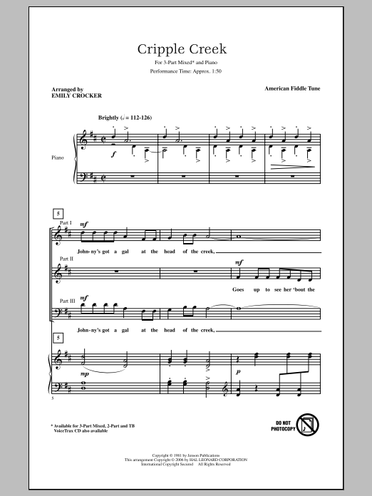 Download American Fiddle Tune Cripple Creek (arr. Emily Crocker) Sheet Music and learn how to play 3-Part Mixed PDF digital score in minutes