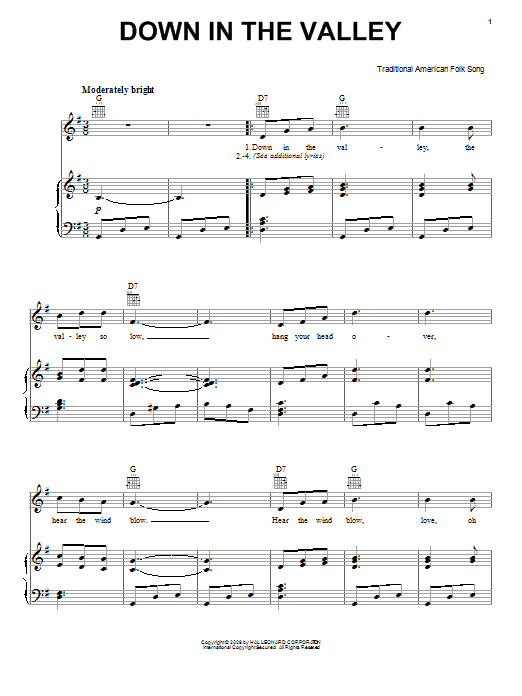 Download Traditional American Folk Song Down In The Valley Sheet Music and learn how to play Piano, Vocal & Guitar (Right-Hand Melody) PDF digital score in minutes
