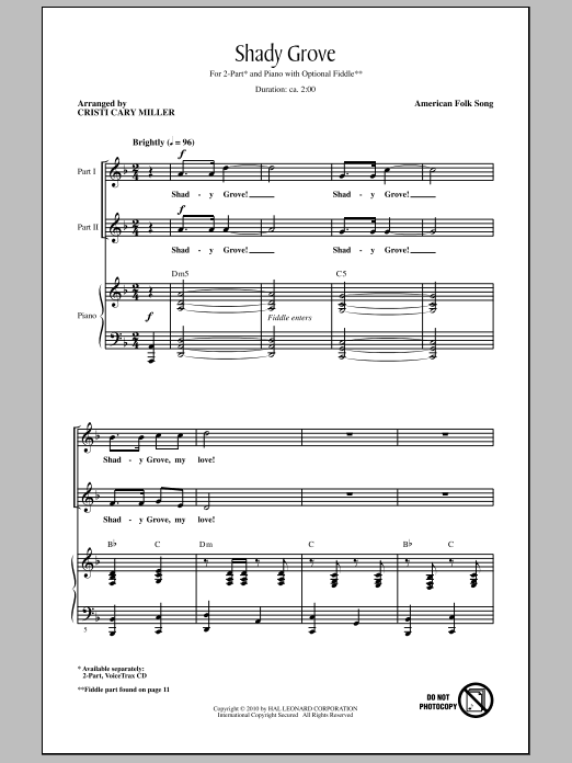 Download American Folk Song Shady Grove Sheet Music and learn how to play 2-Part Choir PDF digital score in minutes