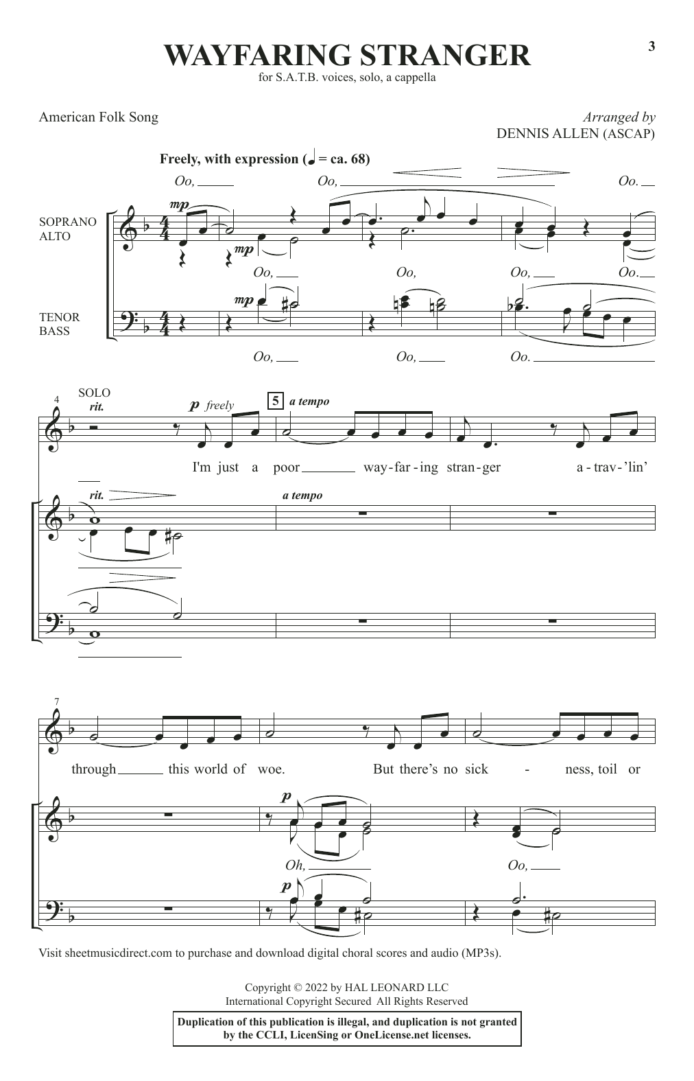 Download American Folk Song Wayfaring Stranger (arr. Dennis Allen) Sheet Music and learn how to play SATB Choir PDF digital score in minutes