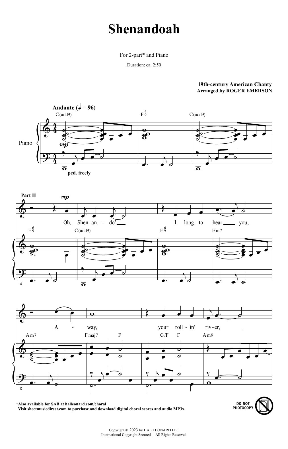 Download American Folksong Shenandoah (arr. Roger Emerson) Sheet Music and learn how to play 2-Part Choir PDF digital score in minutes