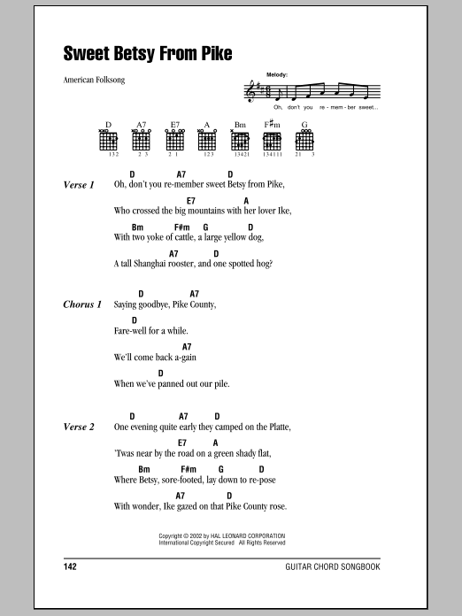 Download Traditional Folksong Sweet Betsy From Pike Sheet Music and learn how to play Lyrics & Chords PDF digital score in minutes