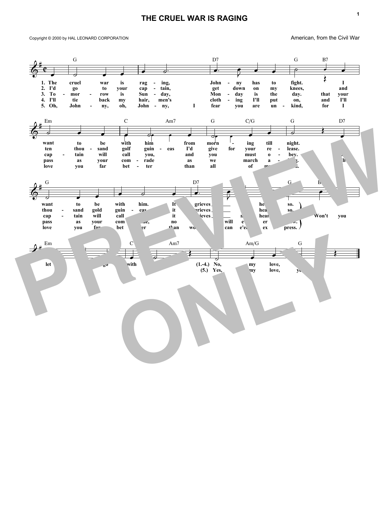 Download American Folksong The Cruel War Is Raging Sheet Music and learn how to play Melody Line, Lyrics & Chords PDF digital score in minutes