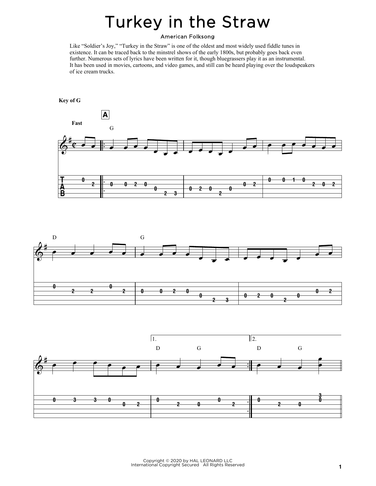 Download American Folksong Turkey In The Straw (arr. Fred Sokolow) Sheet Music and learn how to play Solo Guitar PDF digital score in minutes