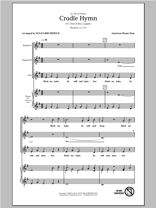 Download Susan Brumfield Cradle Hymn Sheet Music and learn how to play 3-Part Treble PDF digital score in minutes