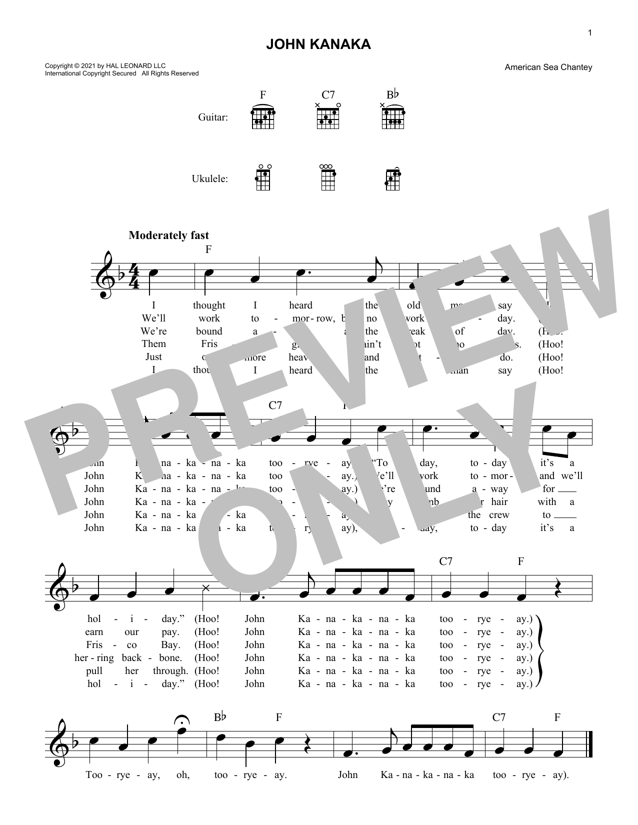 Download American Sea Chantey John Kanaka Sheet Music and learn how to play Lead Sheet / Fake Book PDF digital score in minutes