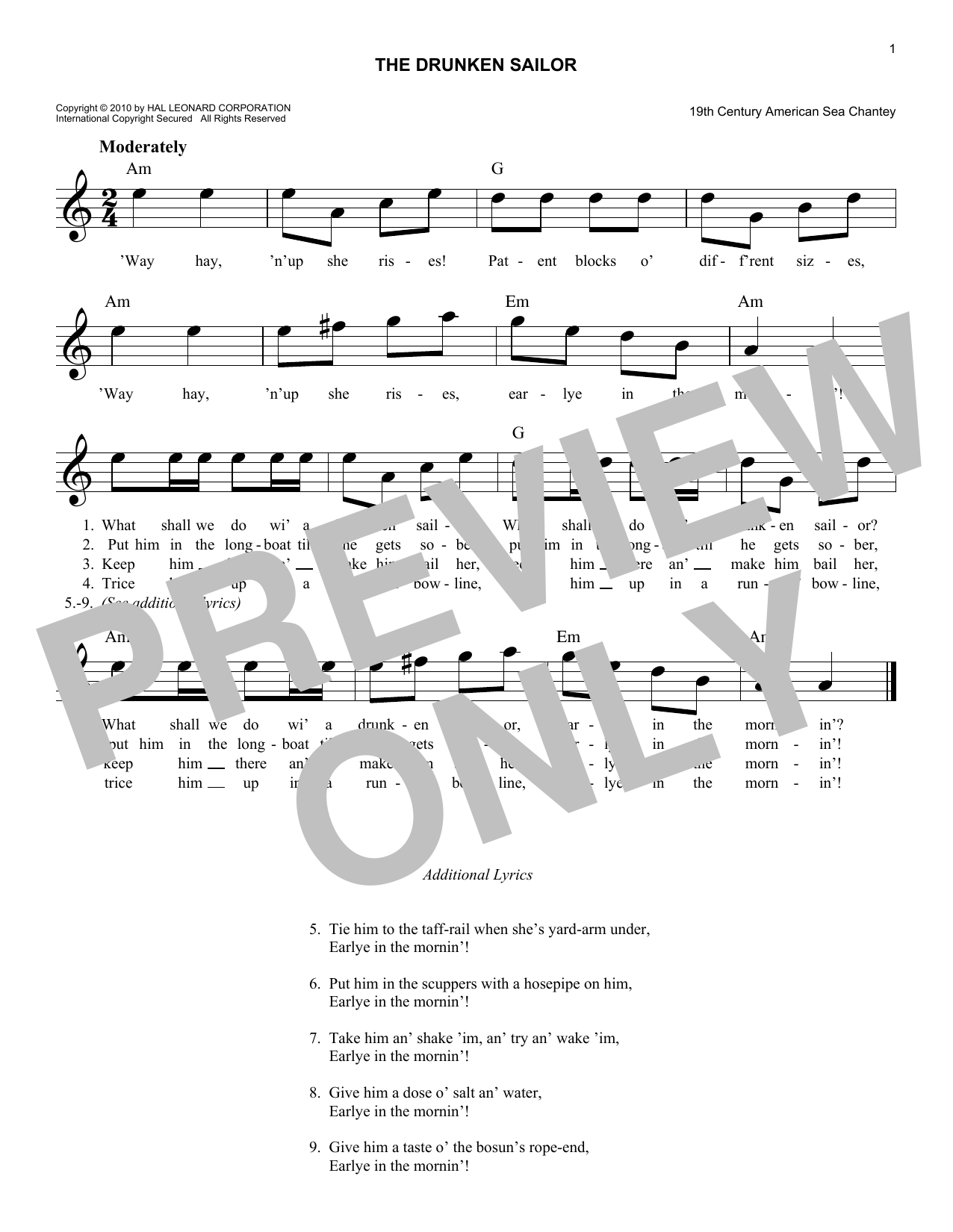 Download American Sea Chantey The Drunken Sailor Sheet Music and learn how to play Piano, Vocal & Guitar Chords (Right-Hand Melody) PDF digital score in minutes