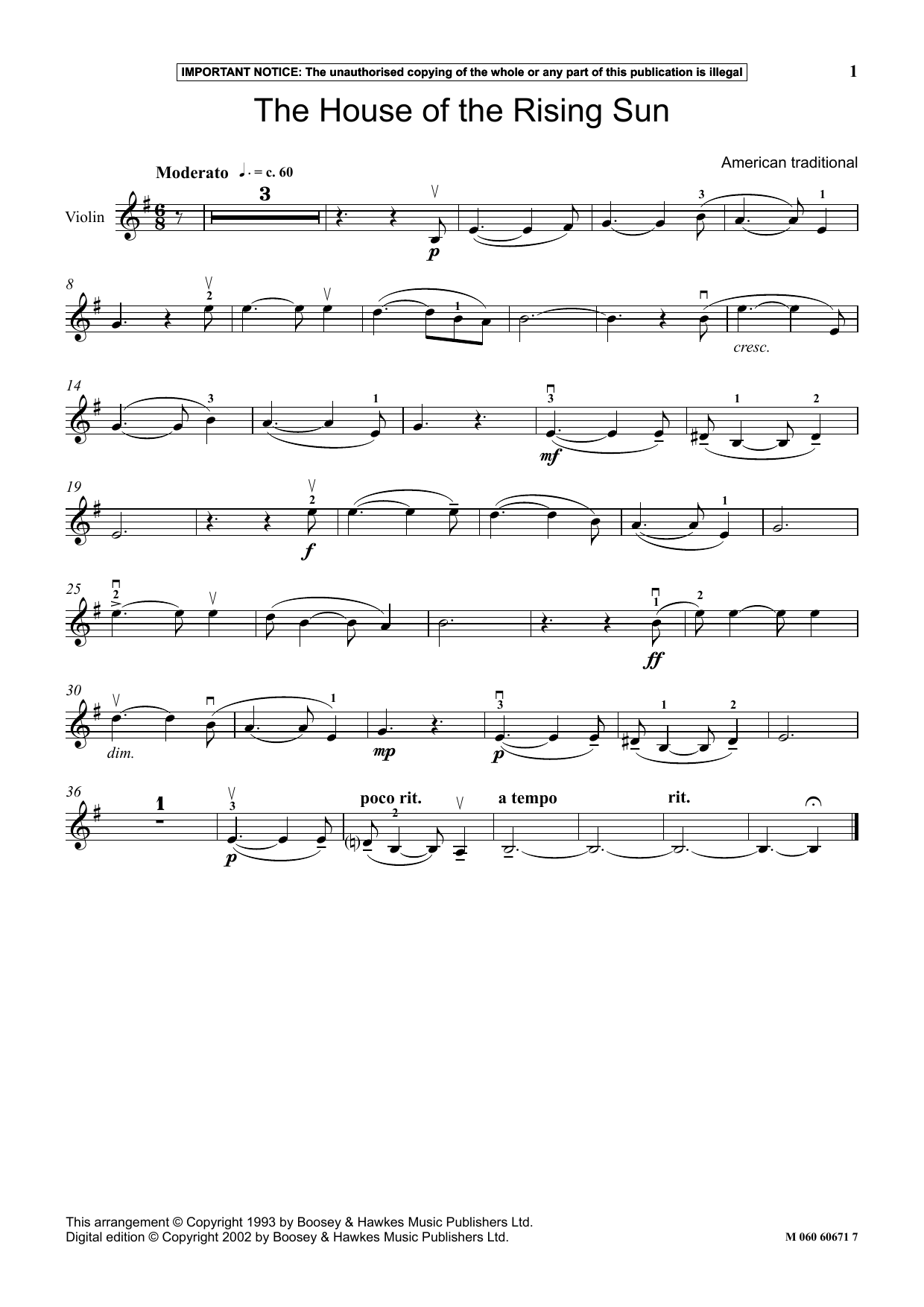 Download American Traditional The House Of The Rising Sun Sheet Music and learn how to play Violin and Piano PDF digital score in minutes