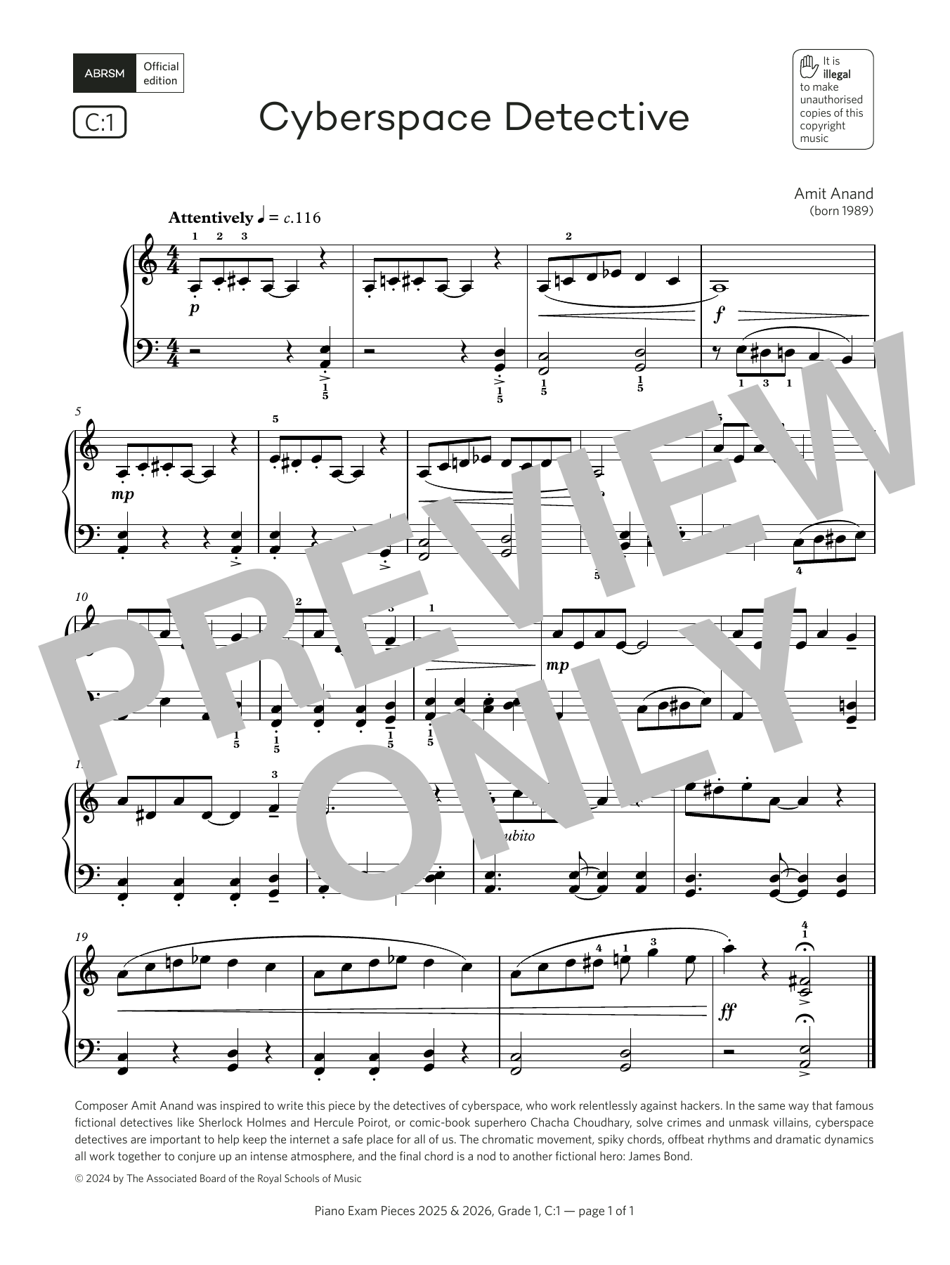 Download Amit Anand Cyberspace Detective (Grade 1, list C1, from the ABRSM Piano Syllabus 2025 & 202 Sheet Music and learn how to play Piano Solo PDF digital score in minutes