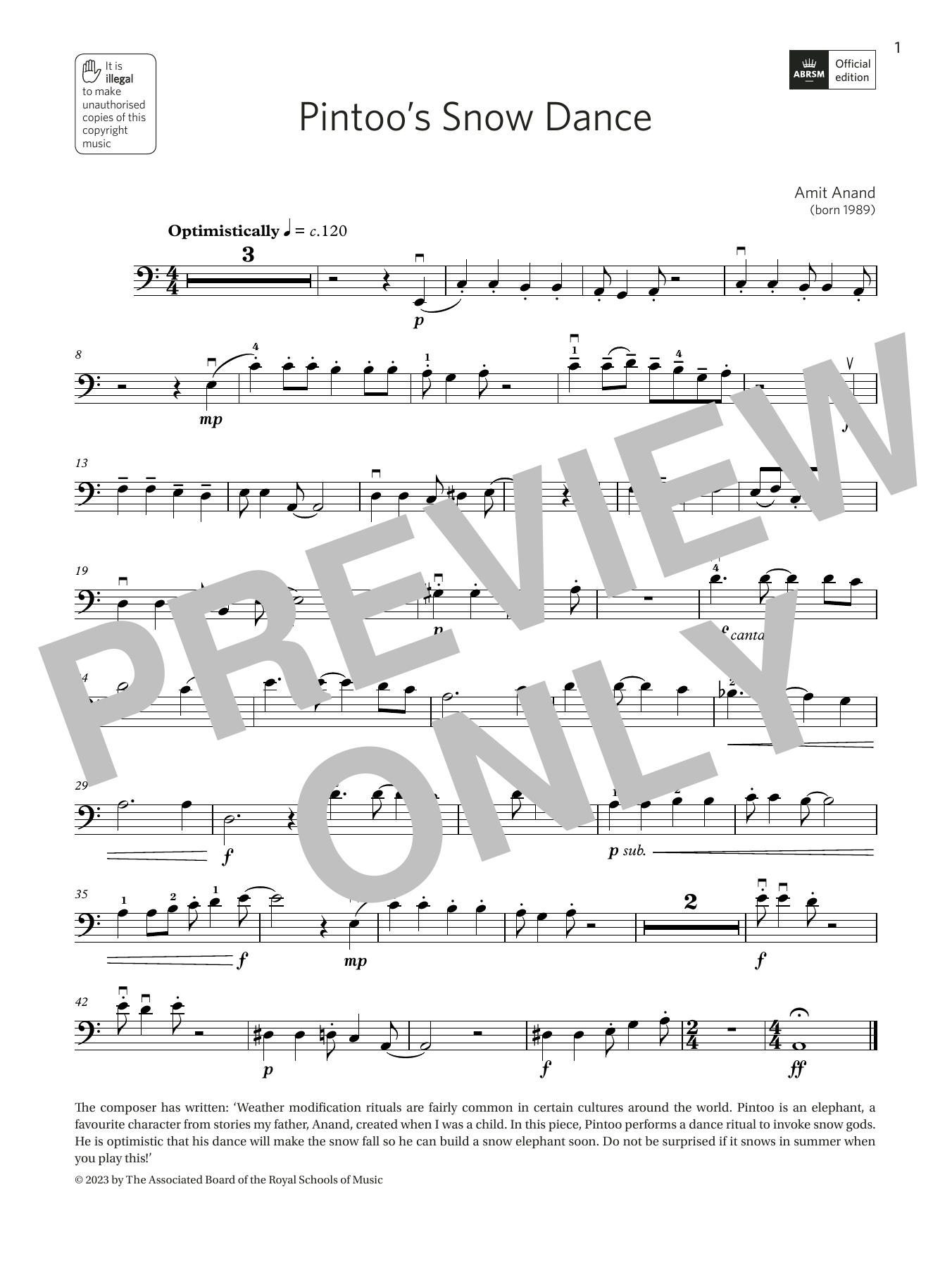 Download Amit Anand Pintoo's Snow Dance (Grade 4, C11, from the ABRSM Double Bass Syllabus from 2024 Sheet Music and learn how to play String Bass Solo PDF digital score in minutes