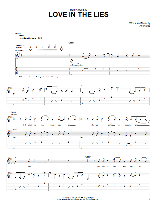 Download Amos Lee Love In The Lies Sheet Music and learn how to play Guitar Tab PDF digital score in minutes