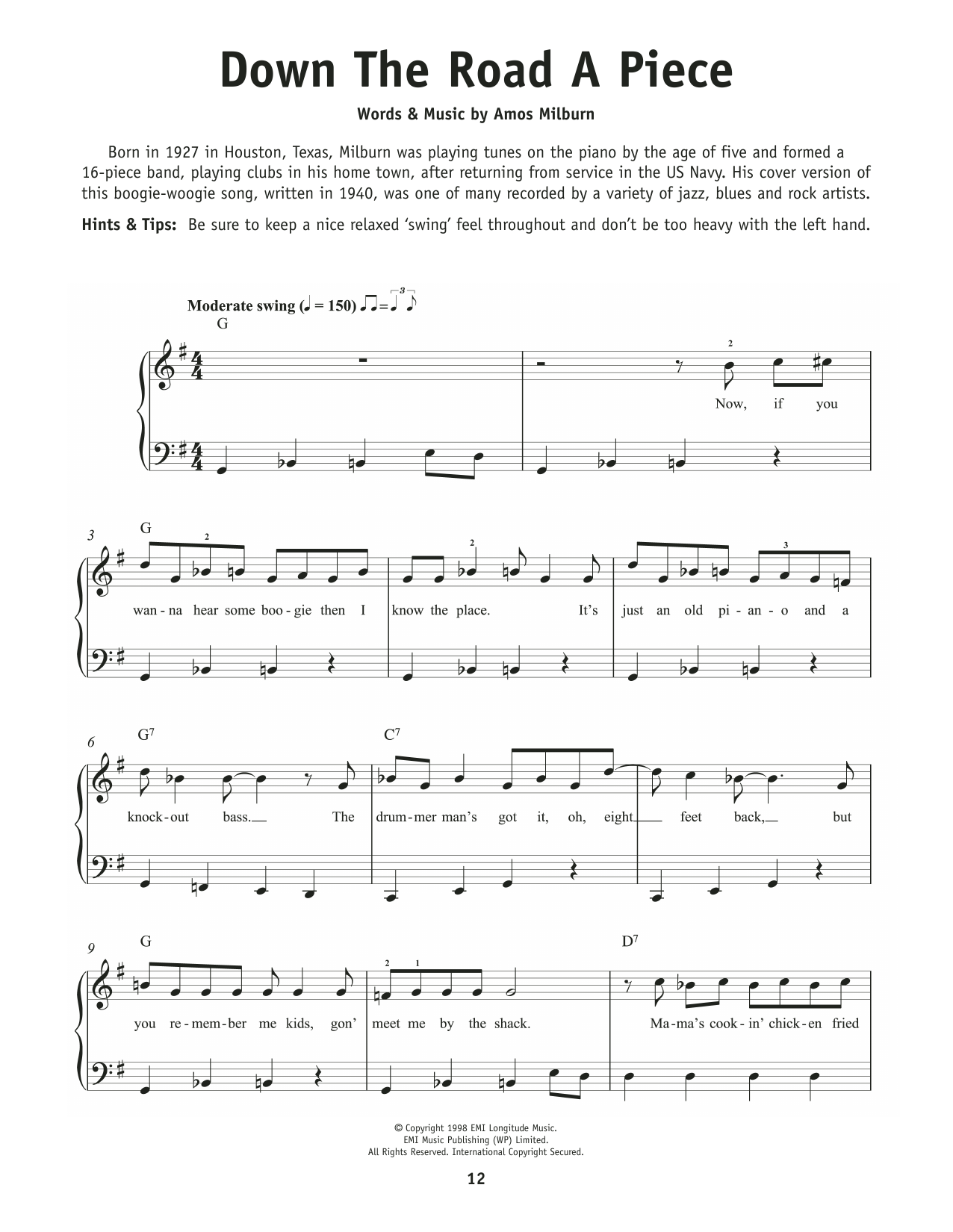 Download Amos Milburn Down The Road Apiece Sheet Music and learn how to play Really Easy Piano PDF digital score in minutes