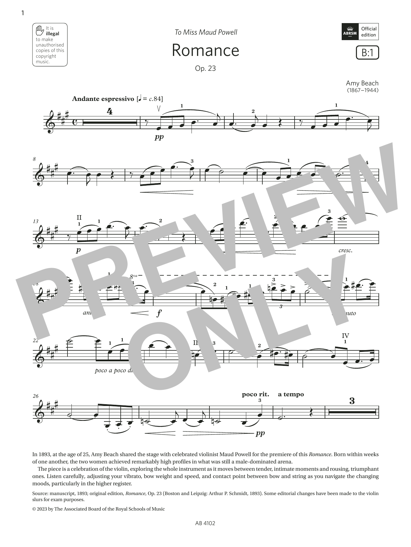 Download Amy Beach Romance (Grade 8, B1, from the ABRSM Violin Syllabus from 2024) Sheet Music and learn how to play Violin Solo PDF digital score in minutes