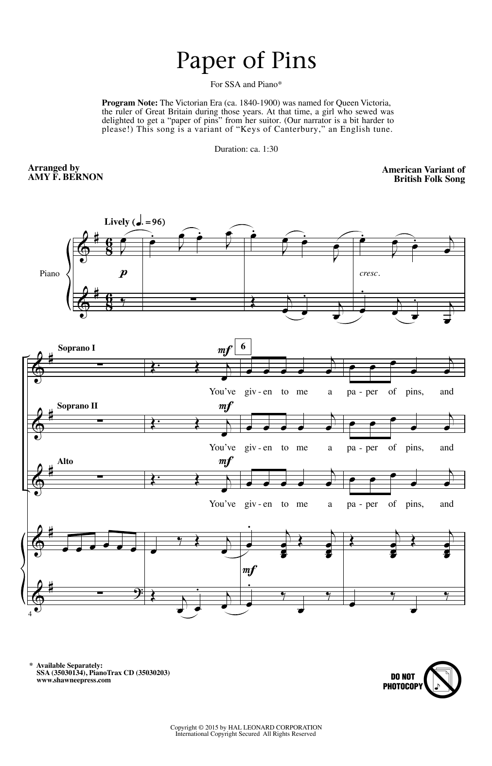 Download Amy Bernon A Paper Of Pins Sheet Music and learn how to play SSA PDF digital score in minutes