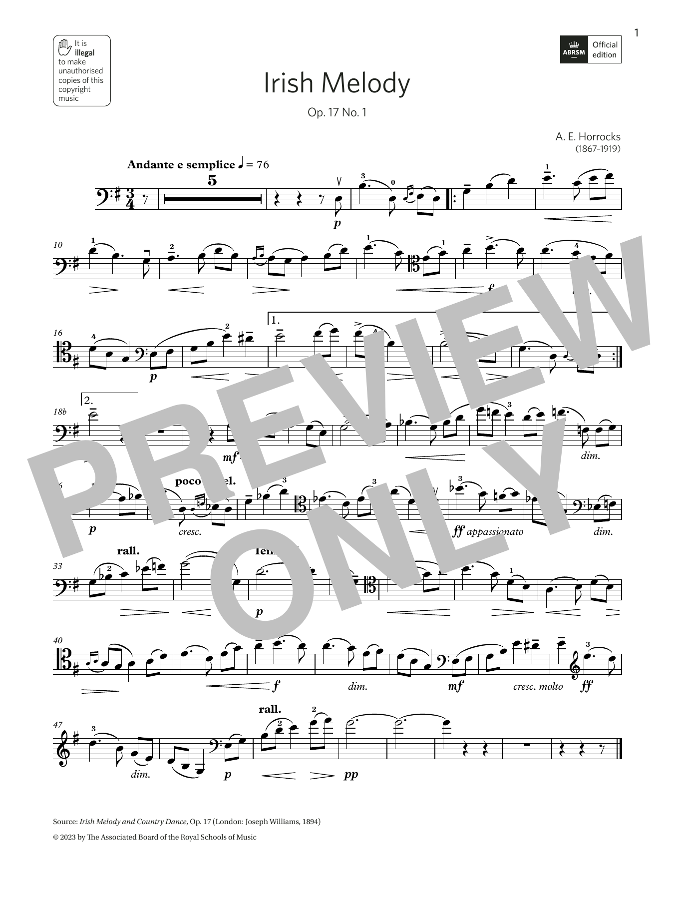 Download Amy Elsie Horrocks Irish Melody (Grade 6, B13, from the ABRSM Cello Syllabus from 2024) Sheet Music and learn how to play Cello Solo PDF digital score in minutes