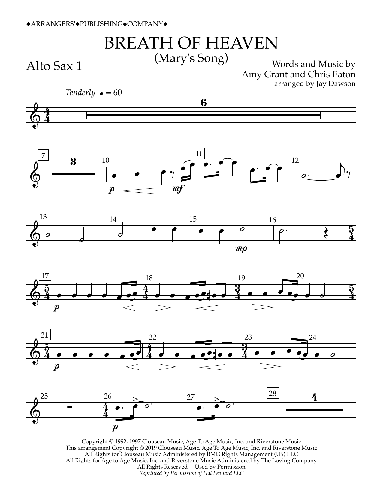 Download Amy Grant Breath of Heaven (Mary's Song) (arr. Jay Dawson) - Alto Sax 1 Sheet Music and learn how to play Concert Band PDF digital score in minutes
