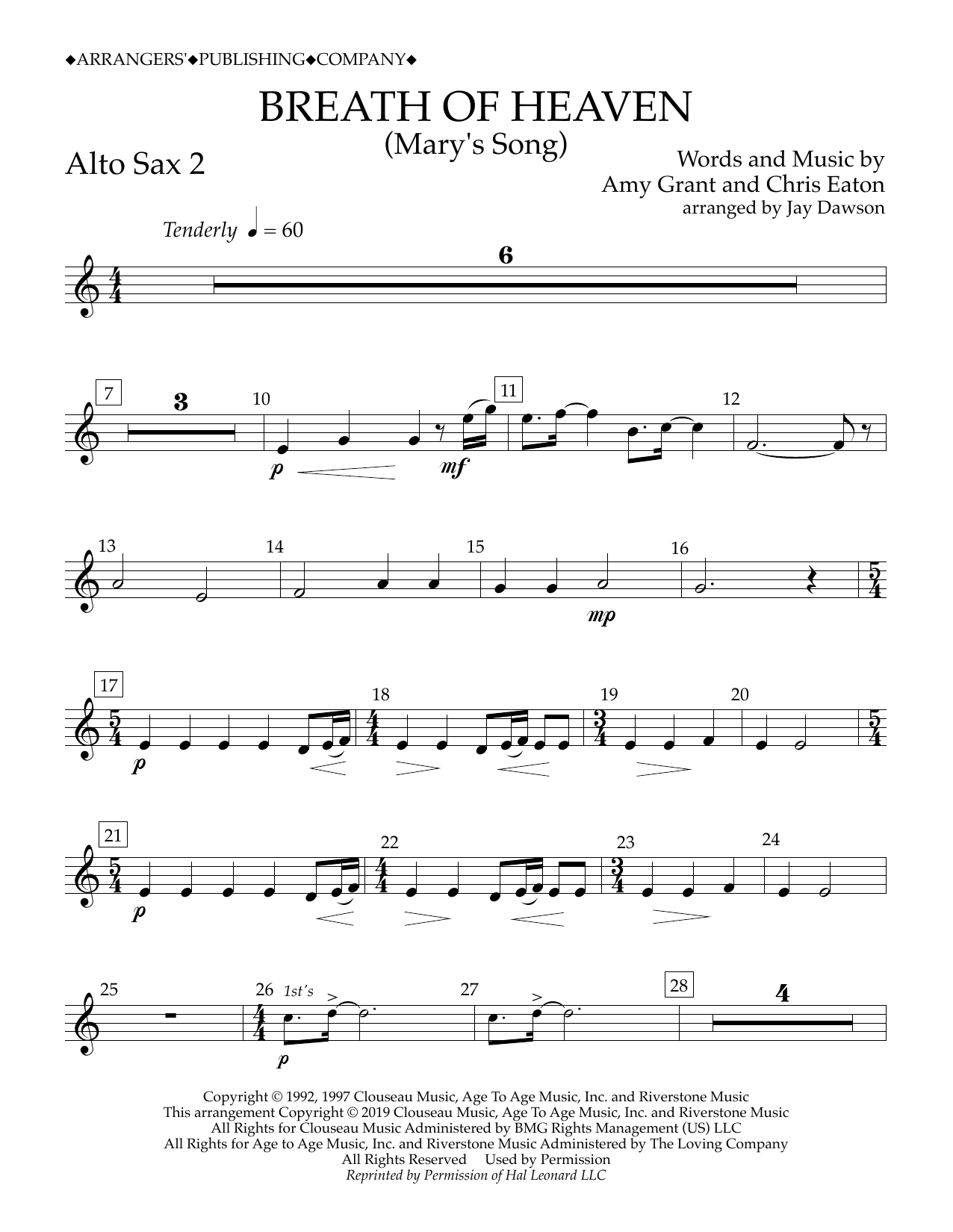 Download Amy Grant Breath of Heaven (Mary's Song) (arr. Jay Dawson) - Alto Sax 2 Sheet Music and learn how to play Concert Band PDF digital score in minutes