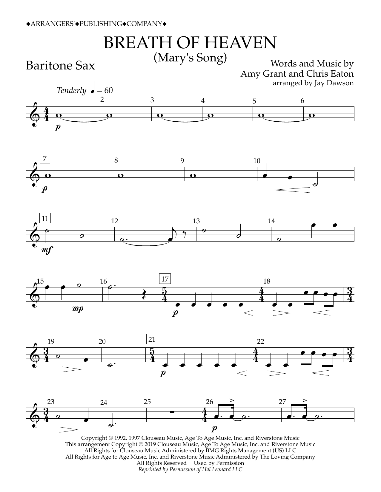 Download Amy Grant Breath of Heaven (Mary's Song) (arr. Jay Dawson) - Baritone Sax Sheet Music and learn how to play Concert Band PDF digital score in minutes