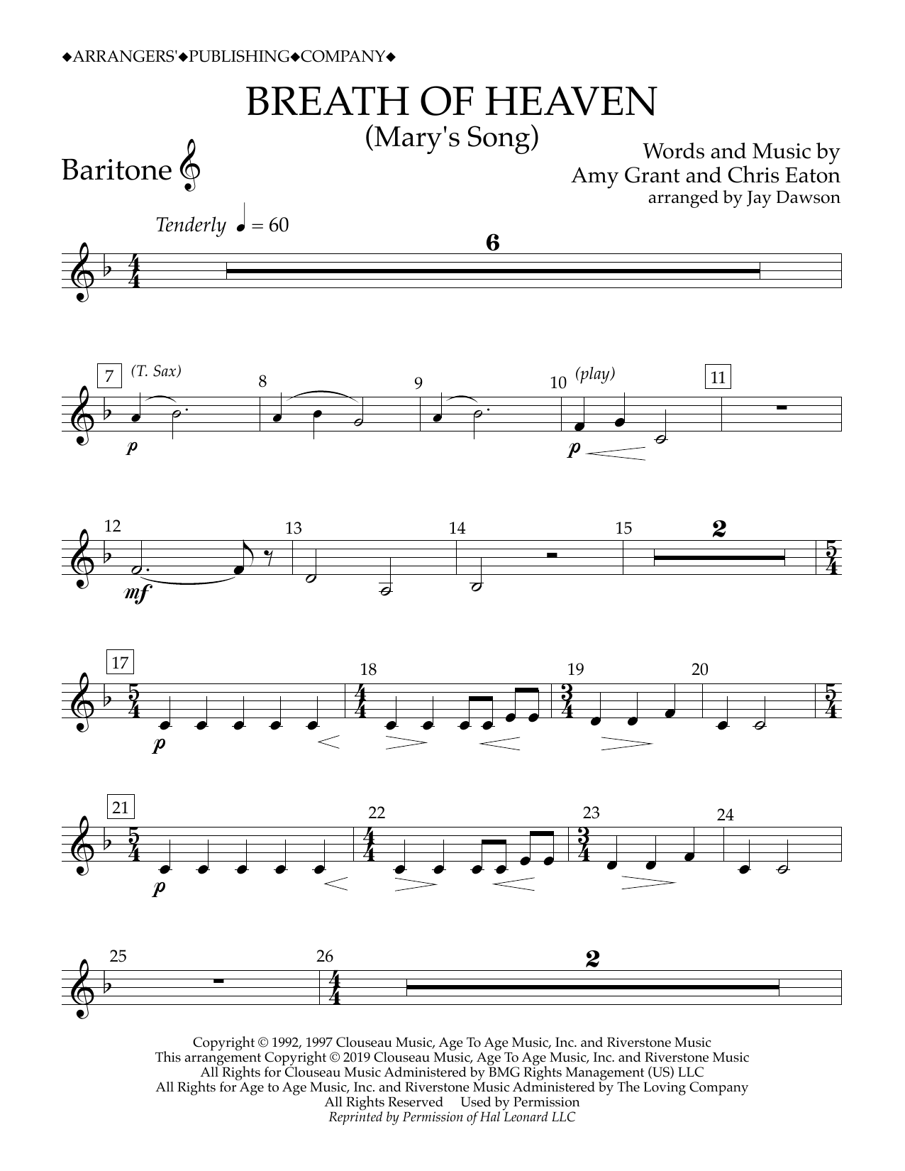 Download Amy Grant Breath of Heaven (Mary's Song) (arr. Jay Dawson) - Baritone T.C. Sheet Music and learn how to play Concert Band PDF digital score in minutes