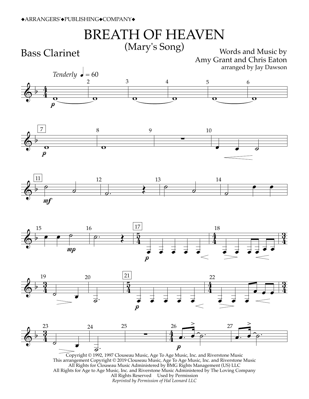 Download Amy Grant Breath of Heaven (Mary's Song) (arr. Jay Dawson) - Bb Bass Clarinet Sheet Music and learn how to play Concert Band PDF digital score in minutes