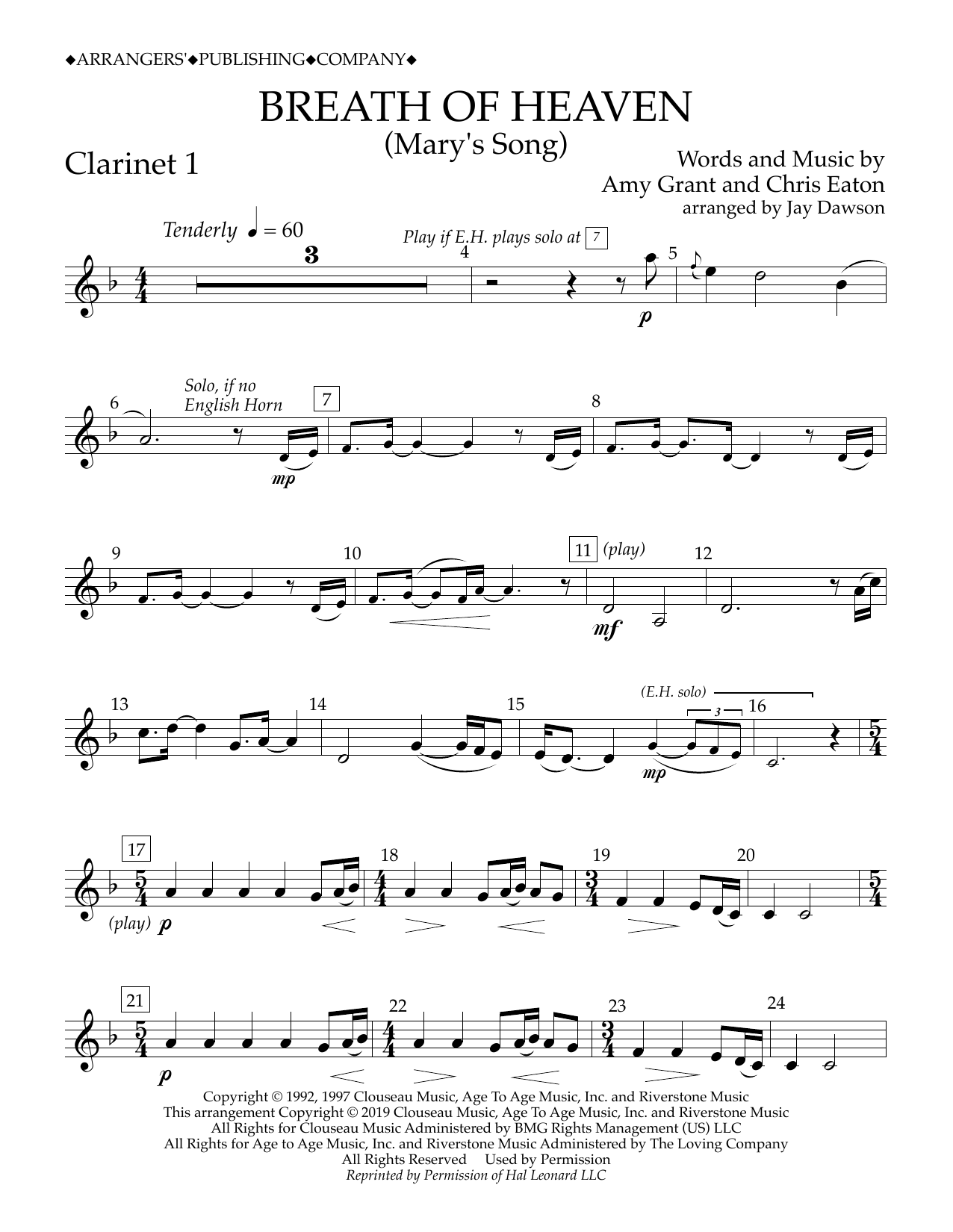 Download Amy Grant Breath of Heaven (Mary's Song) (arr. Jay Dawson) - Clarinet 1 Sheet Music and learn how to play Concert Band PDF digital score in minutes