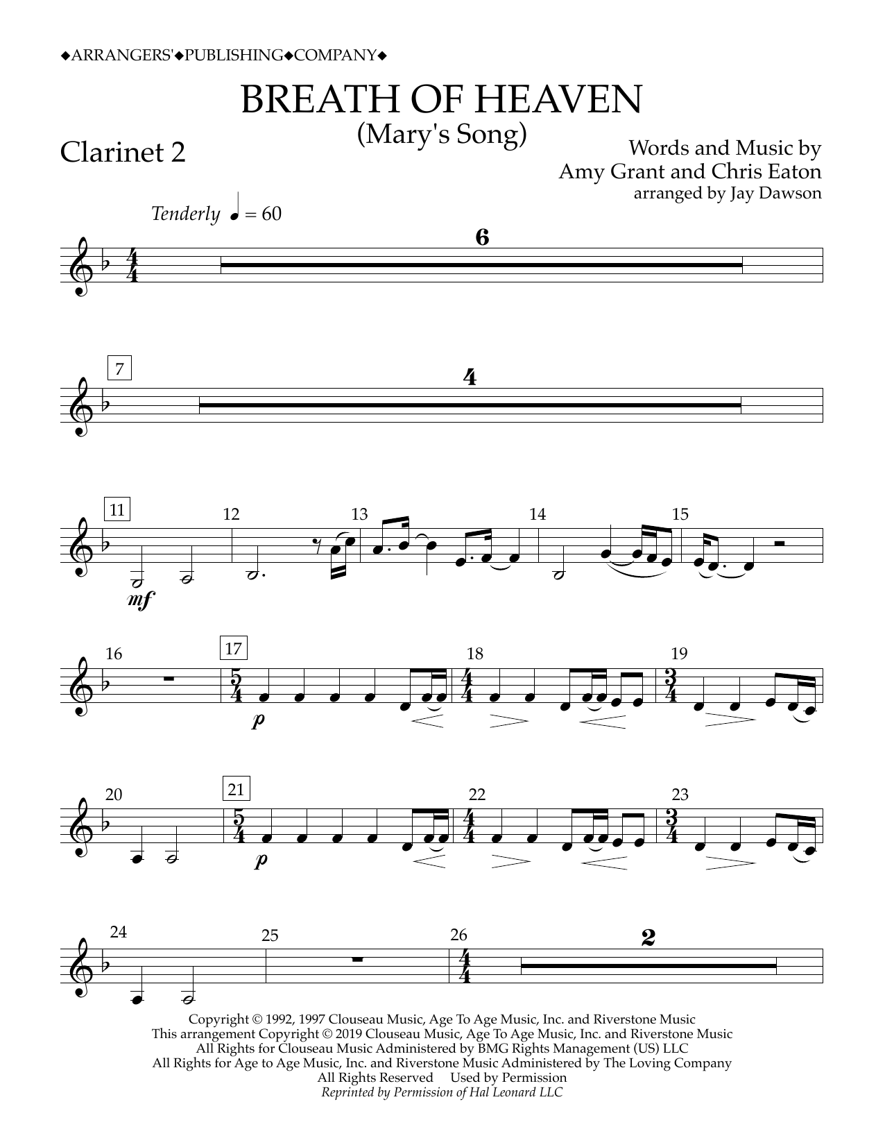 Download Amy Grant Breath of Heaven (Mary's Song) (arr. Jay Dawson) - Clarinet 2 Sheet Music and learn how to play Concert Band PDF digital score in minutes